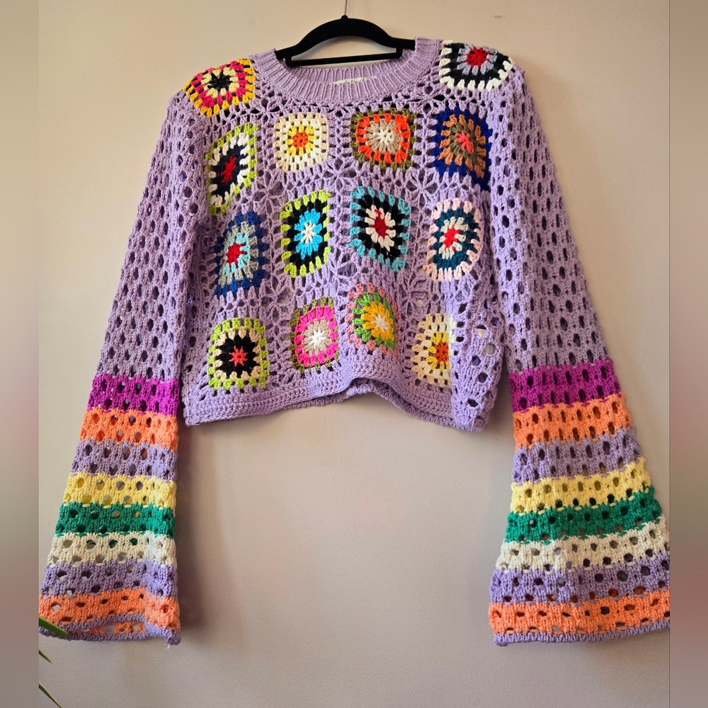 Davi & Dani Granny Square Crochet Sweater | Colorful Boho Bell Sleeve Crop